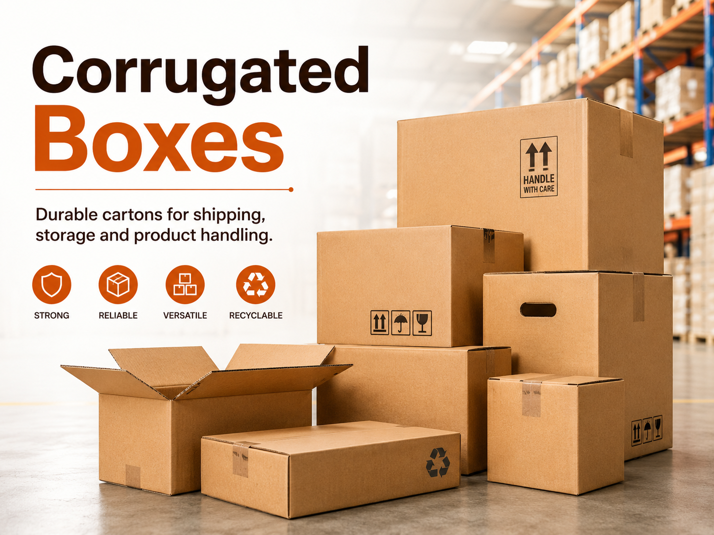Stack of various sized brown corrugated boxes in a warehouse setting.