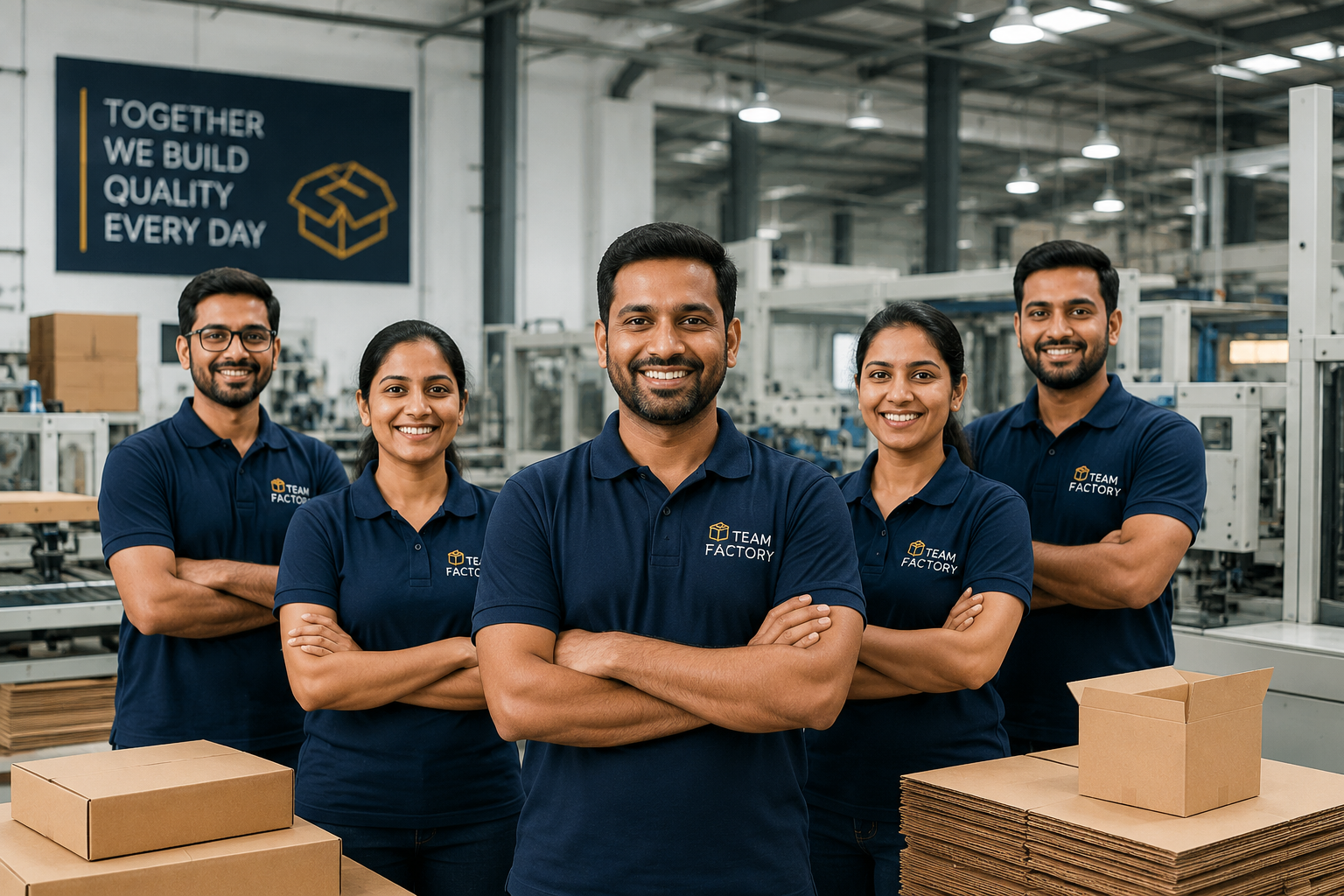 Five factory workers in navy uniforms smiling with arms crossed inside a warehouse.